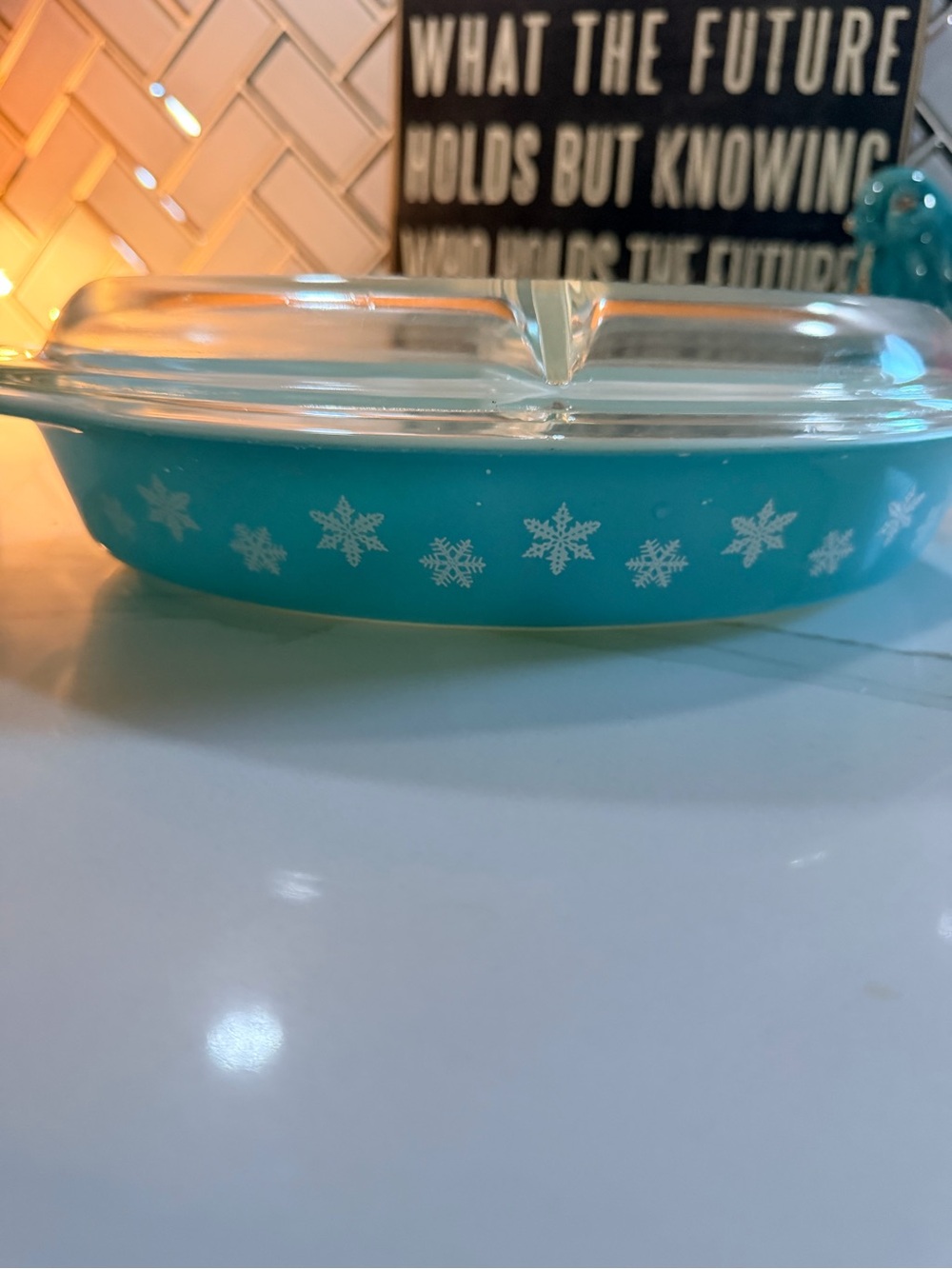 Pyrex Turquoise Snowflake Divided Casserole Dish with Glass Lid